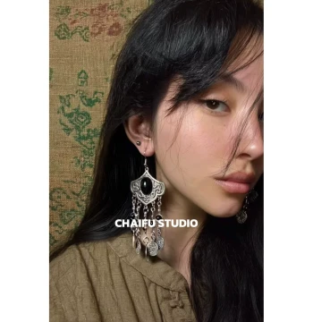 Chai Fu Studio/R264 Vintage Exotic Coin Tassel Earrings with Relief Antiqued Faux Turquoise Hooks