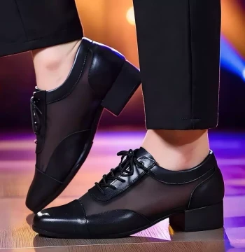 GY Men's Modern Dance Shoes Medium/Low Heel Square Dance Partner Dance Ballroom Soft Sole Cowhide Plus Mesh Dancing Shoes