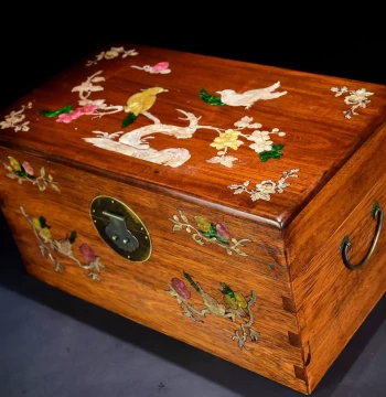 Antique Collectible Burmese Rosewood Box with Shell Inlay Bird-and-Flower Design Jewelry Storage Chest Large Box Joy on Eyebrows