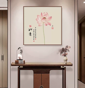 New Chinese-Style Square Decorative Painting with Lotus and Calligraphy for Entryway, Hallway, or Tea Room