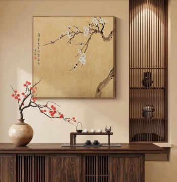 Song Dynasty Aesthetic Living Room Wall Art, Square Hanging Painting for Dining Room Table, Chinese Style Tea Room Zen Flower and Bird Mural