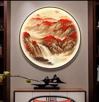 'Great Fortune' Illuminated Entryway Wall Art – New Chinese Style Circular Lighted Painting for Tea Room Backdrop or Office Landscape Decor