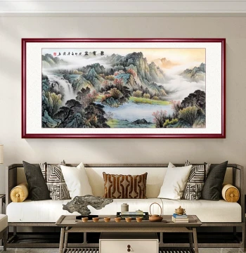 Hand-Painted Original Landscape Painting for Living Room, Feng Shui Wealth Bowl Art, New Chinese Style Calligraphy and Painting for Office Decoration