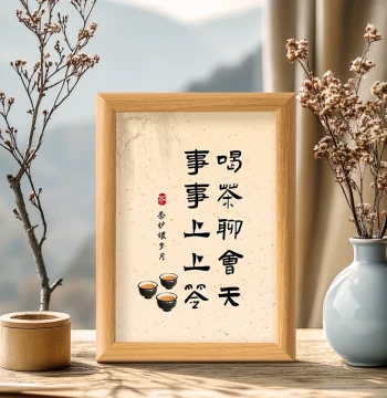 Tea Time Conversation Desktop Ornament - Creative Calligraphy Art for Tea Room, Living Room, and Office - Framed Tabletop Decor and Gift