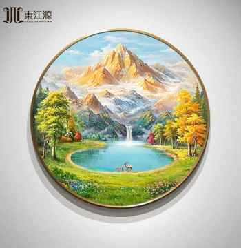 Hand-Painted Oil Painting for Entryway, European & American Light Luxury Landscape Art, Round Scenic 'Golden Mountain Treasure Bowl', Dafen Village Style