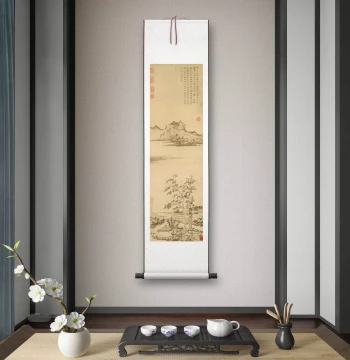 Yuan Dynasty Ni Zan's 'Autumn Pavilion and Fine Trees', Decorative Hanging Scroll for Living Room, Study, and Tea Room, High-Definition Landscape Art for Entryway