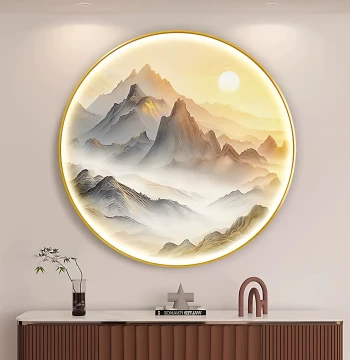 Chinese Style Round Entryway Decorative Painting with Landscape Ambience, Lighted Hallway Background Wall Art for Tea Room or Office