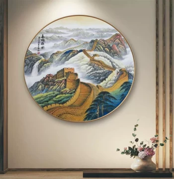 Hand-Painted Original Round Landscape Painting Great Wall Mountain Support Map Living Room Office Decor Mural Entryway Wall Art