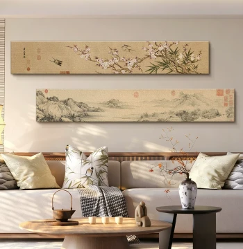 Song Dynasty Aesthetic Living Room Art, Horizontal Landscape Scroll for Sofa Wall, Zen Tea Room Decor
