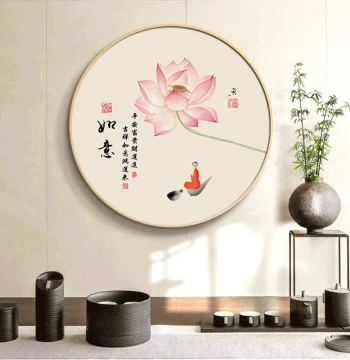New Chinese Style Tea Room Decor, Lotus Calligraphy Art, Round Wall Painting for Entrance Facing Door, Hallway and Foyer Hanging Scroll