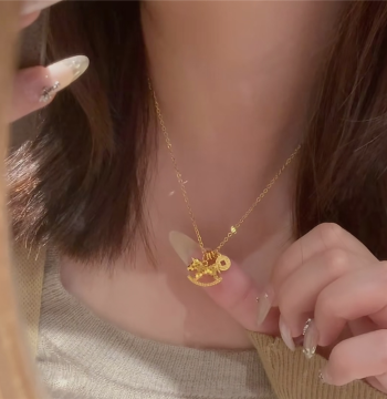 'Instant Wealth' Imitation Gold Shaking Horse Pendant Necklace - Sparkling Ice-Cut Design with Coin Charm