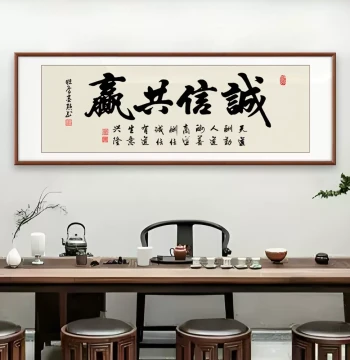 'Integrity and Win-Win' Handwritten Calligraphy Wall Art for Living Room Background, Office, or Tea Room