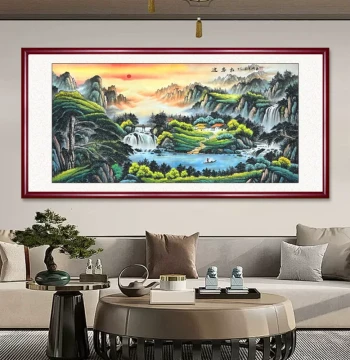 Hand-Painted Welcoming Pine Landscape Painting - New Chinese Style Calligraphy for Living Room and Office Feng Shui Wealth Attraction