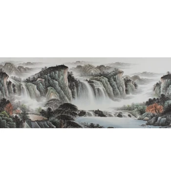 Pure Hand-Painted Chinese Landscape Ink Painting, Small Six-Foot Size for Hall, Restaurant Decor, 'Everlasting Flow' Feng Shui Art