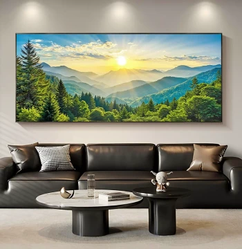 Hand-painted Oil Painting Landscape Green Decorative Art New Chinese Style Living Room Light Luxury Mountain and Water Wall Hanging Dafen Village Sunrise in the East