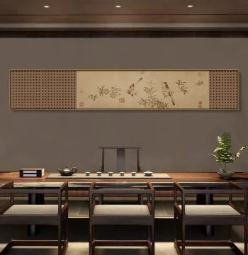 Flower and Bird Song Dynasty Aesthetic Wall Art, Medieval Wabi-Sabi Style Narrow Horizontal Banner for Living Room or Tea Room Background