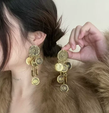 Vintage Gold & Silver Round Coin Tassel Earrings - Heavyweight Brass Matte Finish Long Drop Jewelry