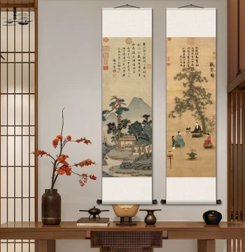 Wen Zhengming's Tea Tasting and Zither Listening Paintings - Reproduction Landscape Art for Study, Tea Room, Office, and Hallway