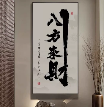 'Wealth from Eight Directions' Calligraphy Art – Ink Wash Painting for Office Entryway, Tea Room Background, and Living Room Wall