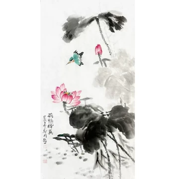 Hand-Painted Traditional Chinese Lotus Painting, Freehand Bird-and-Flower Ink Wash Hanging Scroll, Vertical Artwork on Genuine Paper