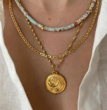 European/American Style Hermina Athen*s Inspired Snake-Skin Pattern Natural Stone Necklace - Layered Star, Moon, and Coin Snake Chain for Women