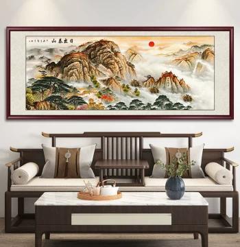 Traditional Chinese Landscape Painting: Hand-Painted 'Sunrise over Mount Tai' for Living Room and Office – Mountain-Backdrop Wall Art