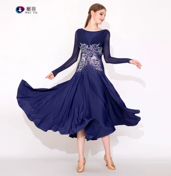 Meiyu Blue Phantom MY942 Navy Modern Dance Dress - Rhinestone-Embellished Performance Gown for Ballroom Dancing and Waltz