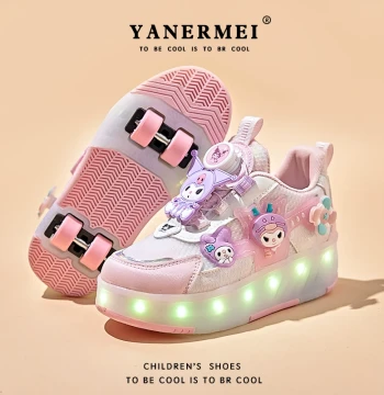 Summer Kuromi Girls' Heelys with Four Wheels, Breathable Mesh Light-up Roller Sneakers for Kids