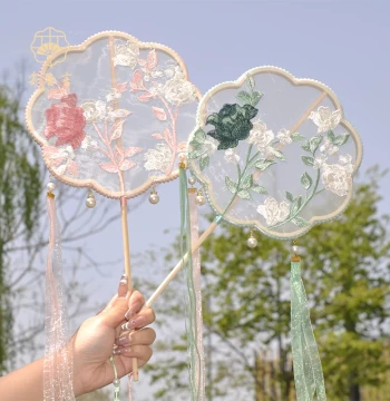 Group Buy Dance Ancient Style Round Fan, Handmade Embroidery Tassel Ribbon Circular Fan, Hanfu Dance Fan, Children's Dance Fan