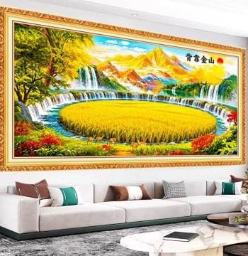 Landscape Painting Money Bowl Art - Sofa Backdrop, Bedhead Decor, Office, Living Room, and Study Wall Sticker Featuring Mountain Backing Gold