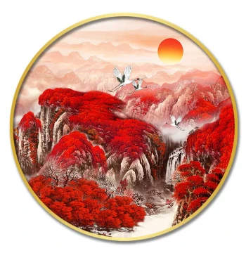 'Great Fortune' Entryway Decor - New Chinese Style Round Landscape Wall Art for Sofa Background or Office