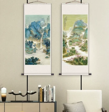 Green Landscape Tea House Decorative Painting, Famous Artist Calligraphy and Painting, Landscape Chinese Painting, Zhang Daqian Artwork, Silk Gift Scroll Painting