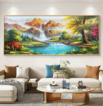 Hand-Painted Oil Painting of Flowing Water and Mountains for Living Room, Treasure Bowl Sofa Background Wall Decor with Premium Feel