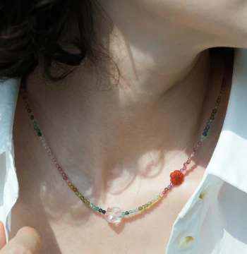 Yuanjia Colorful Natural Tourmaline Necklace, 2.8mm Brazilian Tourmaline with Rock Crystal and Southern Red Agate, Adjustable, Y-627 Limited Edition