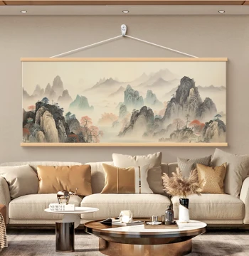 Ink Wash Landscape Painting for Office West Wall or Living Room, New Chinese Style Sofa Background Wall Mural, 'Mountain Backing' Decorative Art