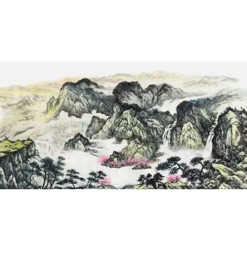 Pure Hand-Painted Authentic Chinese Landscape Painting, Mountain Backing Map with Green Hills and Clear Waters, Treasure Bowl Calligraphy Art for Living Room and Office Wall