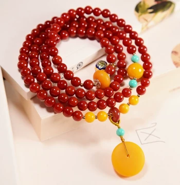 New Chinese Style Natural Southern Red Agate Bracelet, 108-Bead Prayer Mala with Amber Safety Buckle, Ethnic Style Necklace and Hand Jewelry