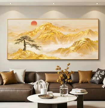 Sunrise Over the East Wall Hanging Art for Living Room, Sunlight on Golden Mountain Sofa Background Decoration, Premium Office Mural
