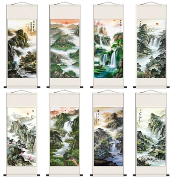 Wealth-Attracting Vertical Landscape Hanging Scroll, Custom Feng Shui Calligraphy and Painting, Rising Sun Traditional Chinese Art for Entryway, Tea House, or Office Decor