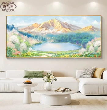 Hand-Painted Oil Painting 'Sunlight on Golden Mountain' - Living Room Decor with Treasure Bowl Landscape, Cream Style Wall Art for Sofa Background