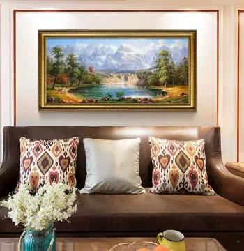 Hair Salon Decorative Basin with Mountain Waterfall Scenery - Hand-Painted Oil Simplified Painting for Living Room, European Style Sand Background, Modern Decoration (20200623)