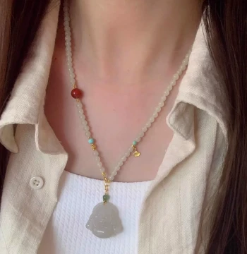 Natural Hetian Jade Necklace for Women with South Red Agate and Turquoise Beads - New Chinese Style Sweater Chain, White Jade Pendant with Versatile Cord