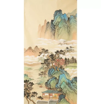 Antique-Style Blue-Green Landscape Painting, Hand-Painted Traditional Chinese Ink Art on Four-Foot Paper