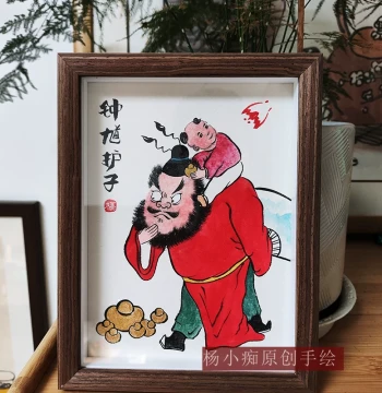 Original Hand-Painted Zhong Kui Protecting Children - 100% Genuine Cinnabar Pigment Tabletop Display for Blessings and Safety
