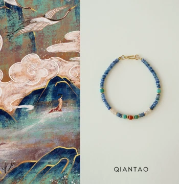 QIANTAO "Qing Yu Tang" Original New Chinese Style Bracelet - Natural Turquoise, Southern Red Agate, and Blue Crystal for Women