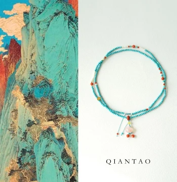 QIANTAO "Distant Mountains" Original New Chinese Style Optimized Turquoise Southern Red Pearl Necklace, Women's Long Sweater Chain