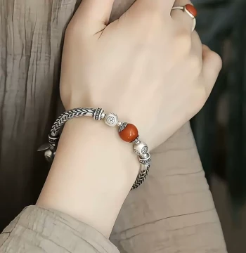 Vintage 925 Sterling Silver South Red Agate Wheat Ear Bracelet - New Chinese Niche Design with Curved Tube, Coin, Fu Character Beads, and Scripture Accents