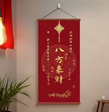 "Wealth from All Directions" Decorative Wall Art - Red Fortune Hanging for Office, Tea Room, Study, Living Room, Entryway, and Hallway