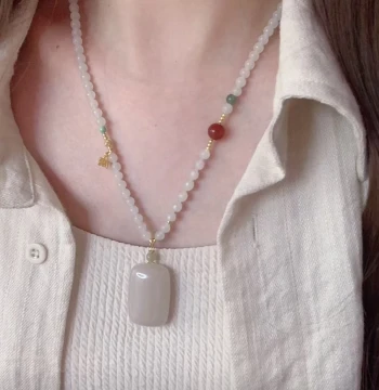 Natural Hetian Jade Universal Chain, South Red Agate Beaded Sweater Necklace, Wushi Pendant Multi-Use Cord, New Chinese Style Necklace