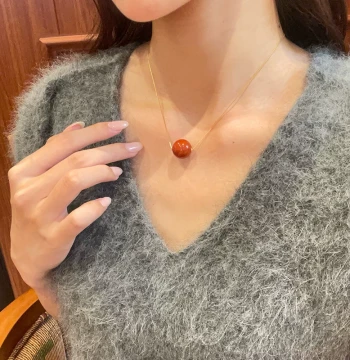 Linguanying Natural Southern Red Agate Choker Necklace - 18k Gold Single Bead Pendant for Women, Lucky Bead Gift for Girlfriend
